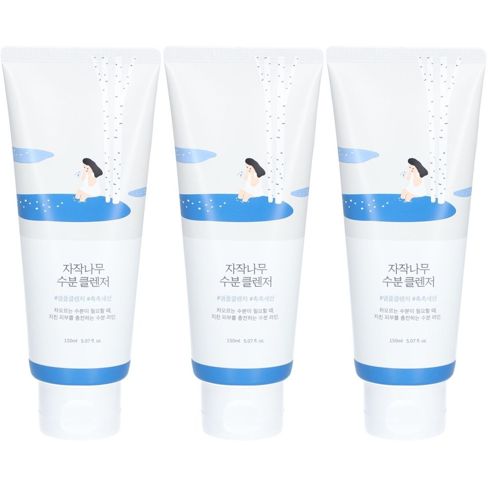 Drie witte tubes met blauwe accenten. Elke tube heeft Koreaanse tekst en een illustratie van een persoon in een zwembad.