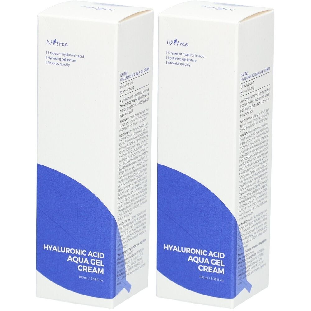Twee witte dozen met blauwe afbeelding. Opschrift: Hyaluronic Acid Aqua Gel Crème. Merk: ISNTREE.