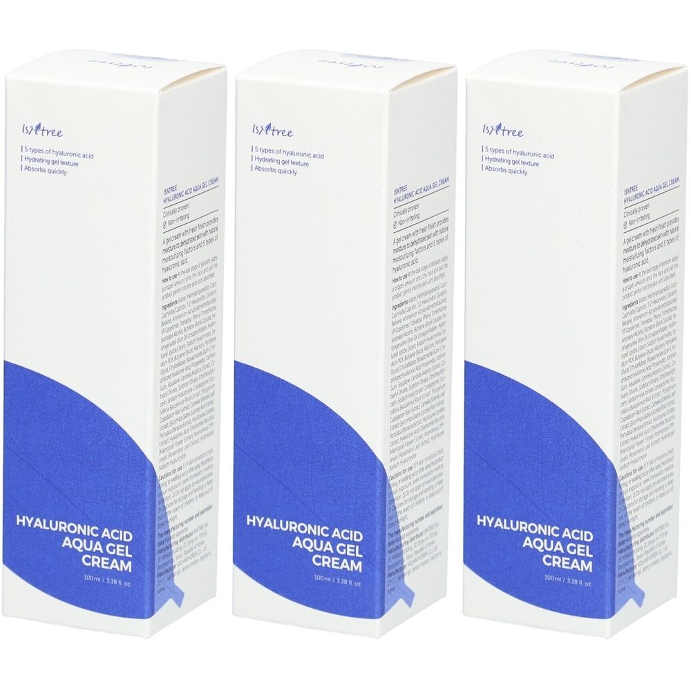 Drie witte productverpakkingen met blauwe afbeelding en tekst. Opschrift: Hyaluronic Acid Aqua Gel Cream.