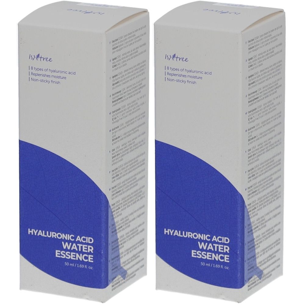 Twee rechthoekige dozen met blauwe golfvorm. Opschrift: Hyaluronzuur Water Essence. Merk: Isntree.