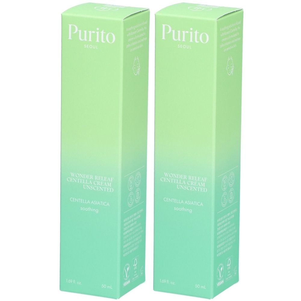 Twee groene dozen met productinformatie. Opschrift: Purito, Wonder Releaf Centella Cream Unscented.