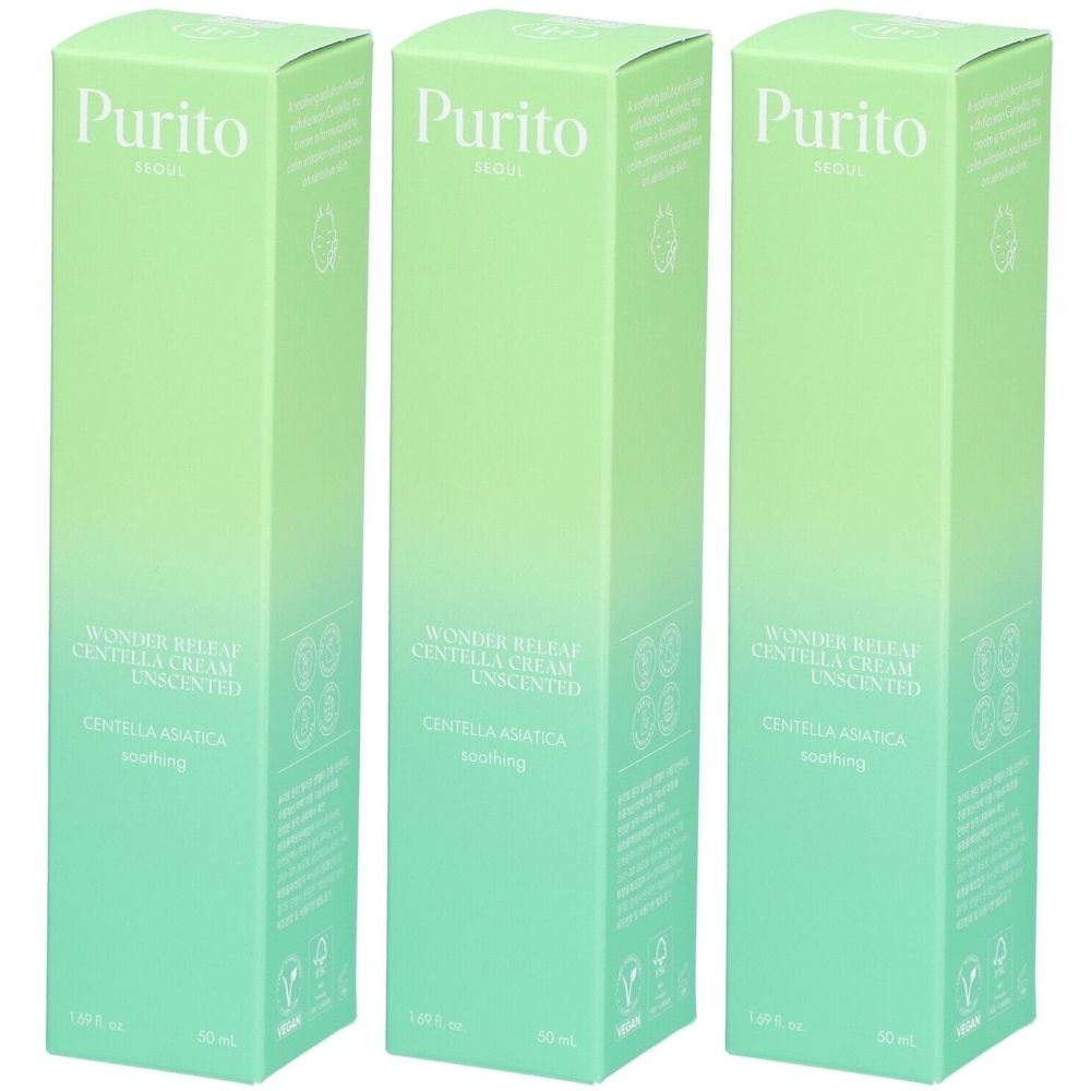 Drie groene dozen met productinformatie. Opschrift: Purito, Wonder Releaf Centella Cream Unscented, Centella Asiatica.