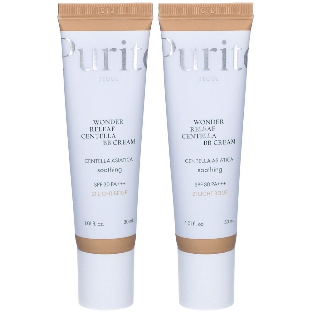 Twee tubes BB-crème. Witte tubes met lichtbruine inhoud. Opschrift: Purito, Wonder Releaf Centella BB Cream, SPF 30 PA+++, 21 Light Beige.