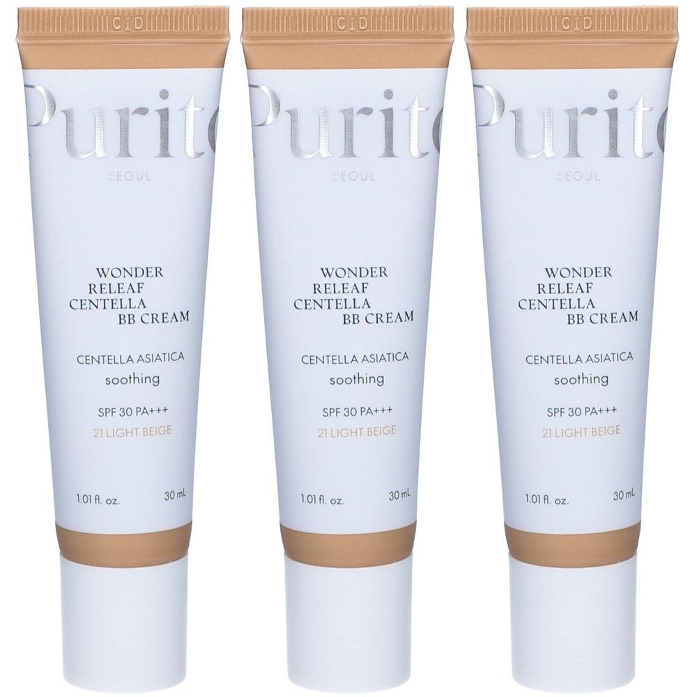 Drie tubes PURITO Cica Clearing BB Crème. Witte tubes met lichtbeige inhoud. Opschrift: Wonder Releaf Centella BB Cream, SPF 30 PA+++, 21 Light Beige.