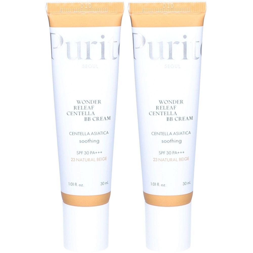 Deux tubes de PURITO Cica Clearing BB Crème. Tubes blancs avec contenu beige clair. Inscription : Wonder Releaf Centella BB Cream, SPF 30 PA+++.