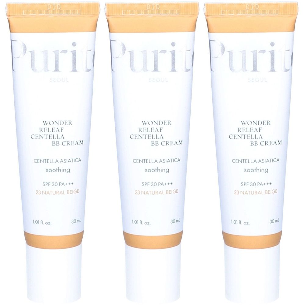 Trois tubes de crème BB. Inscription : Purito, Wonder Releaf Centella BB Cream, Centella Asiatica, SPF 30 PA+++, 23 Natural Beige.