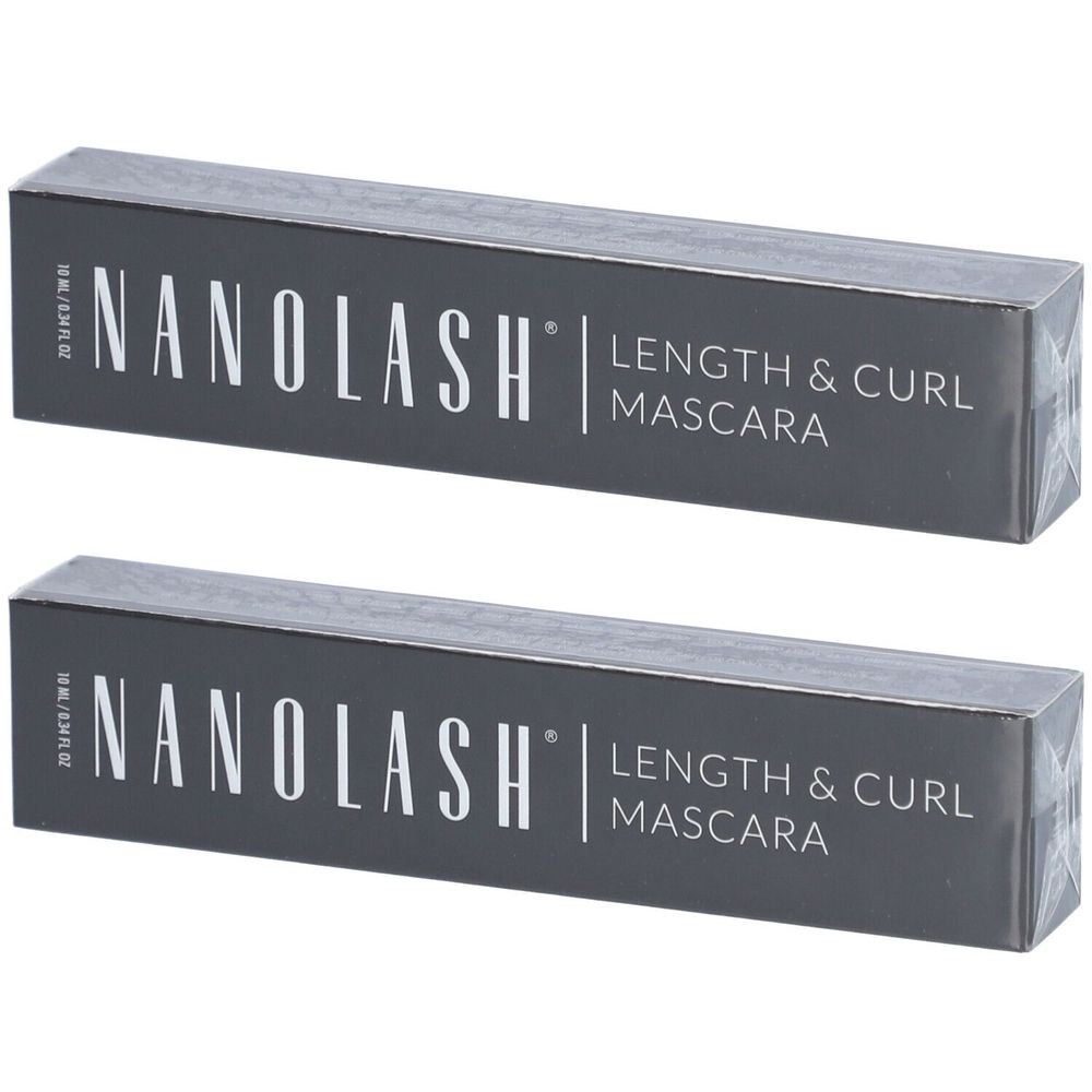 Twee grijze mascara verpakkingen. Opschrift: NANOLASH, Length & Curl Mascara.