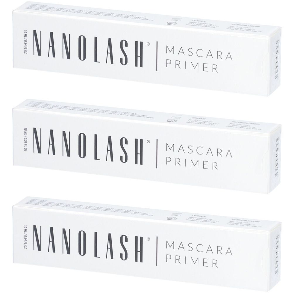 Drie witte dozen met de tekst "NANOLASH | MASCARA PRIMER".