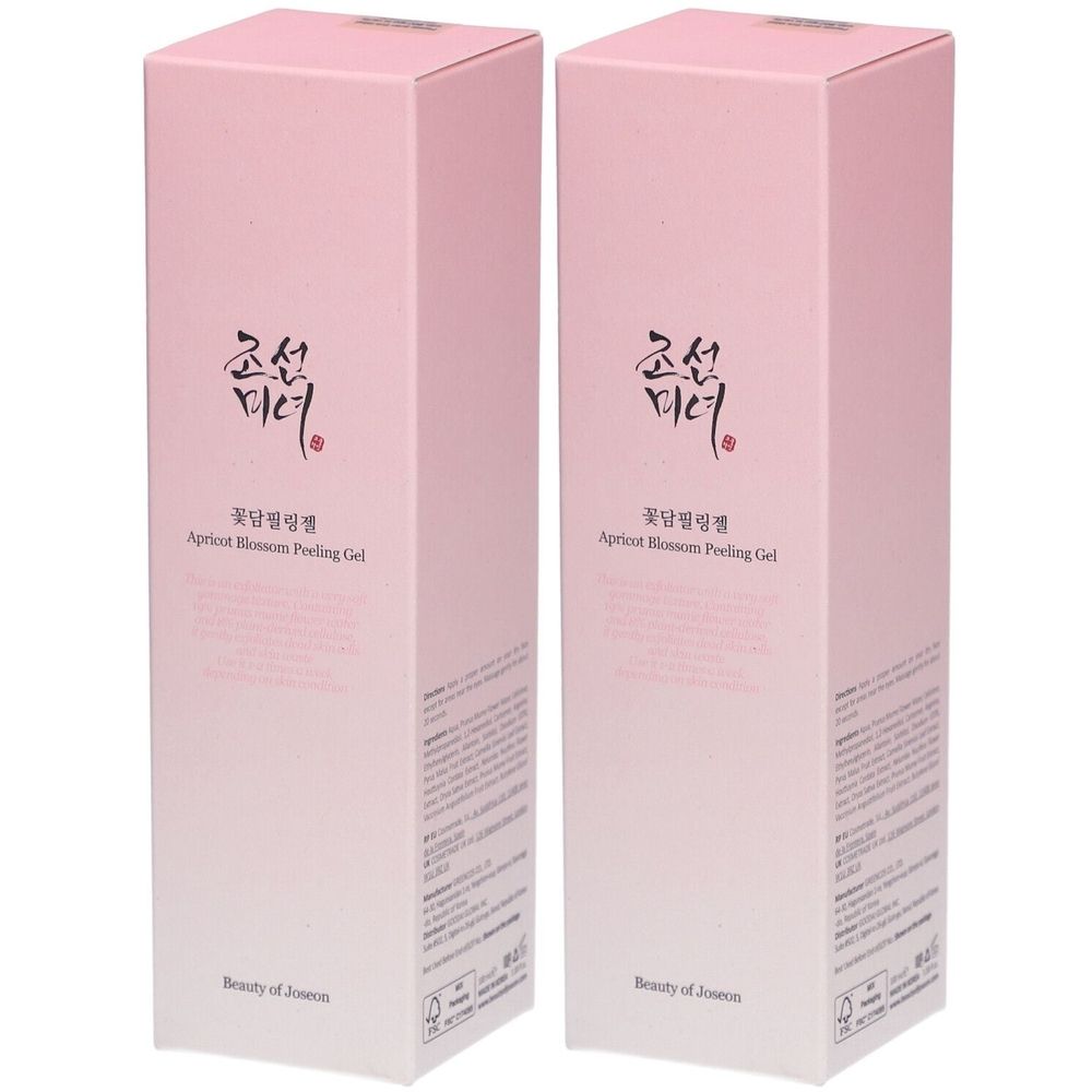 Twee roze dozen. Opschrift in Aziatische karakters en "Apricot Blossom Peeling Gel". Merk: Beauty of Joseon.