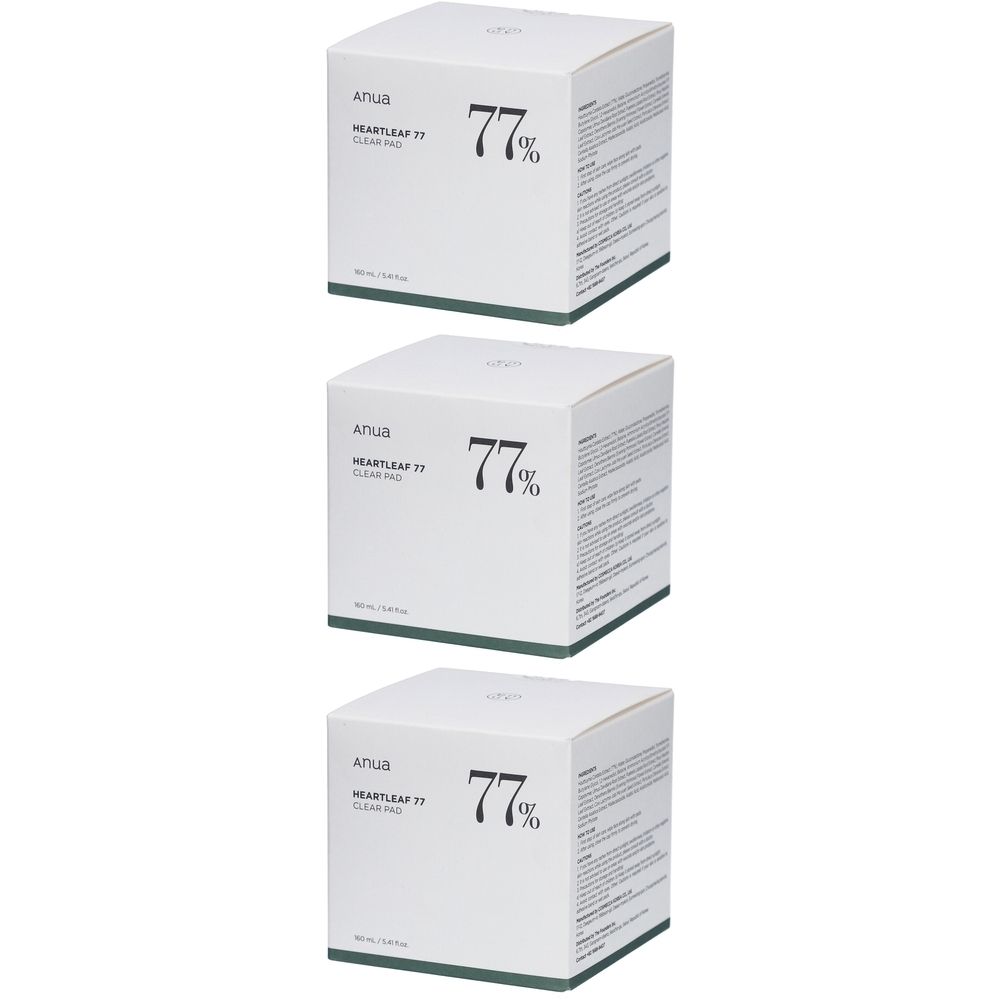 Drie witte vierkante dozen. Op de voorkant staat "Anua Heartleaf 77% Clear Pad". Grote "77%" en tekst.