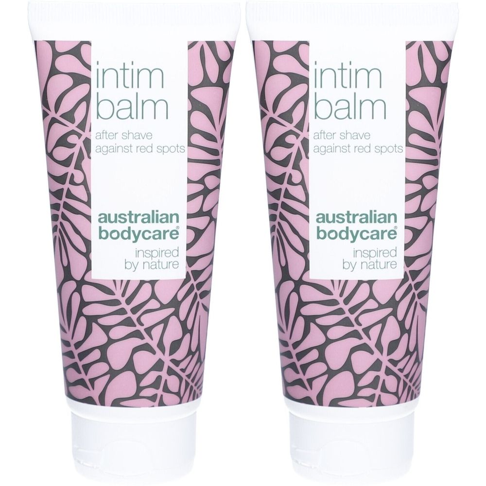 Deux tubes de baume intime. Blanc, motif floral rose. Inscription : Intim Balm, after shave against red spots, Australian Bodycare.