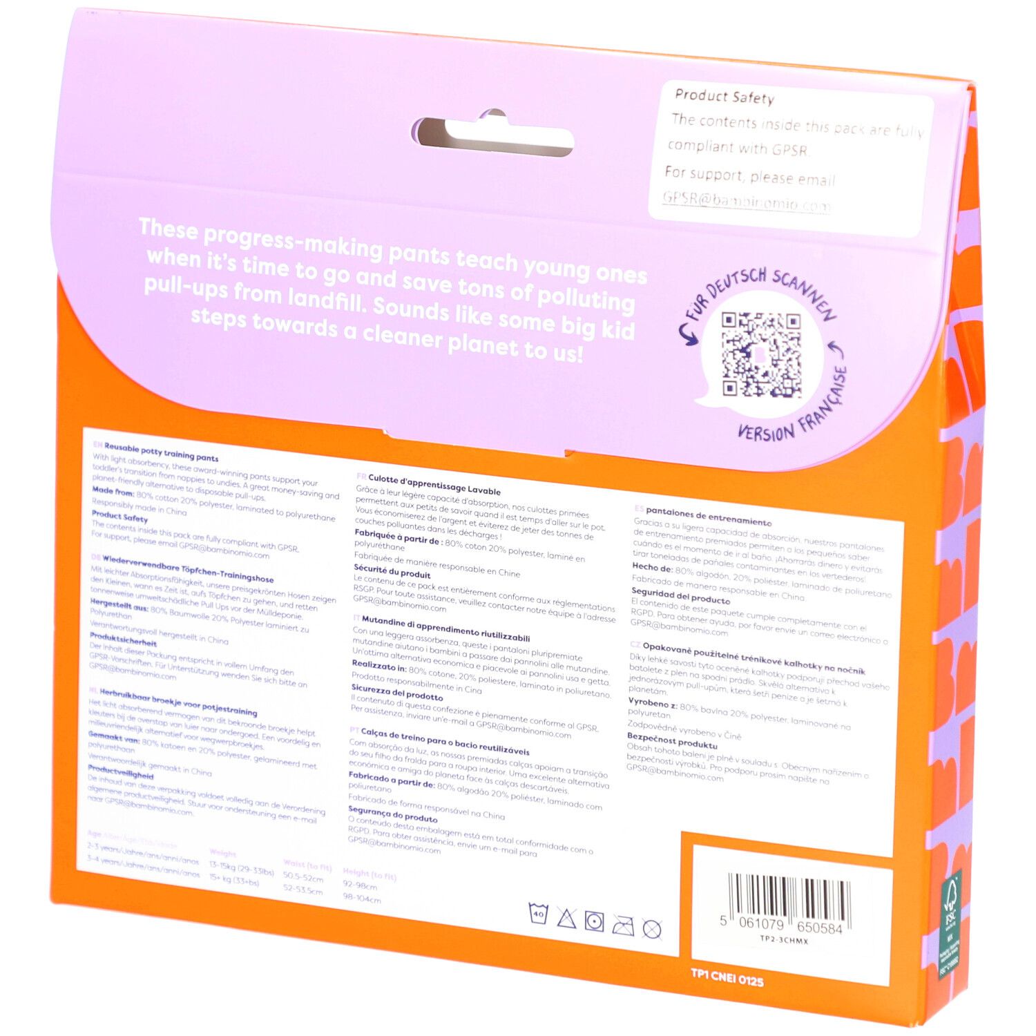Achterkant van de verpakking met herbruikbare oefenbroek. Tekst in het Duits en Frans, QR-code en FSC-logo.