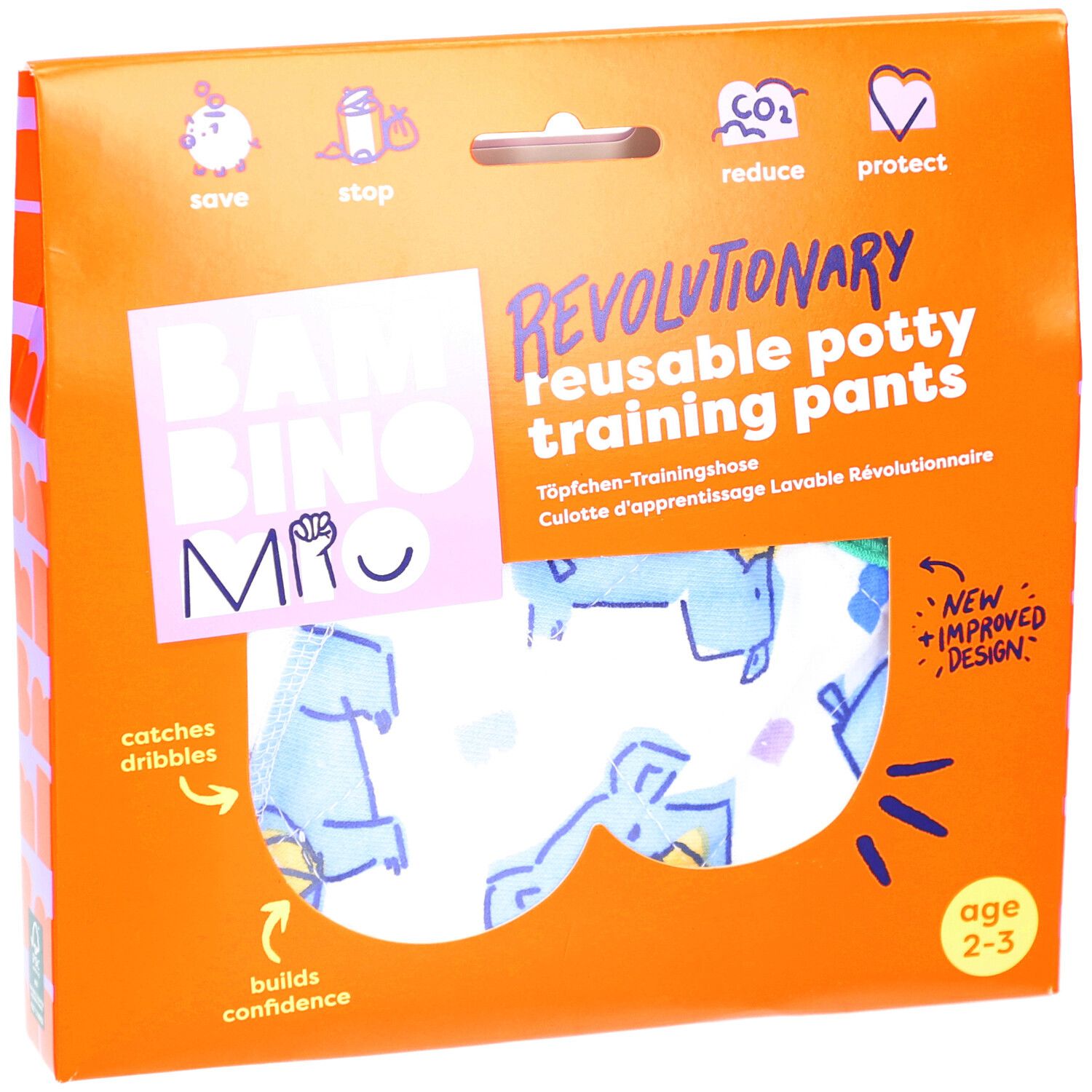 Verpakking met herbruikbare oefenbroek. Oranje doos met productnaam, leeftijd 2-3 jaar en illustraties.