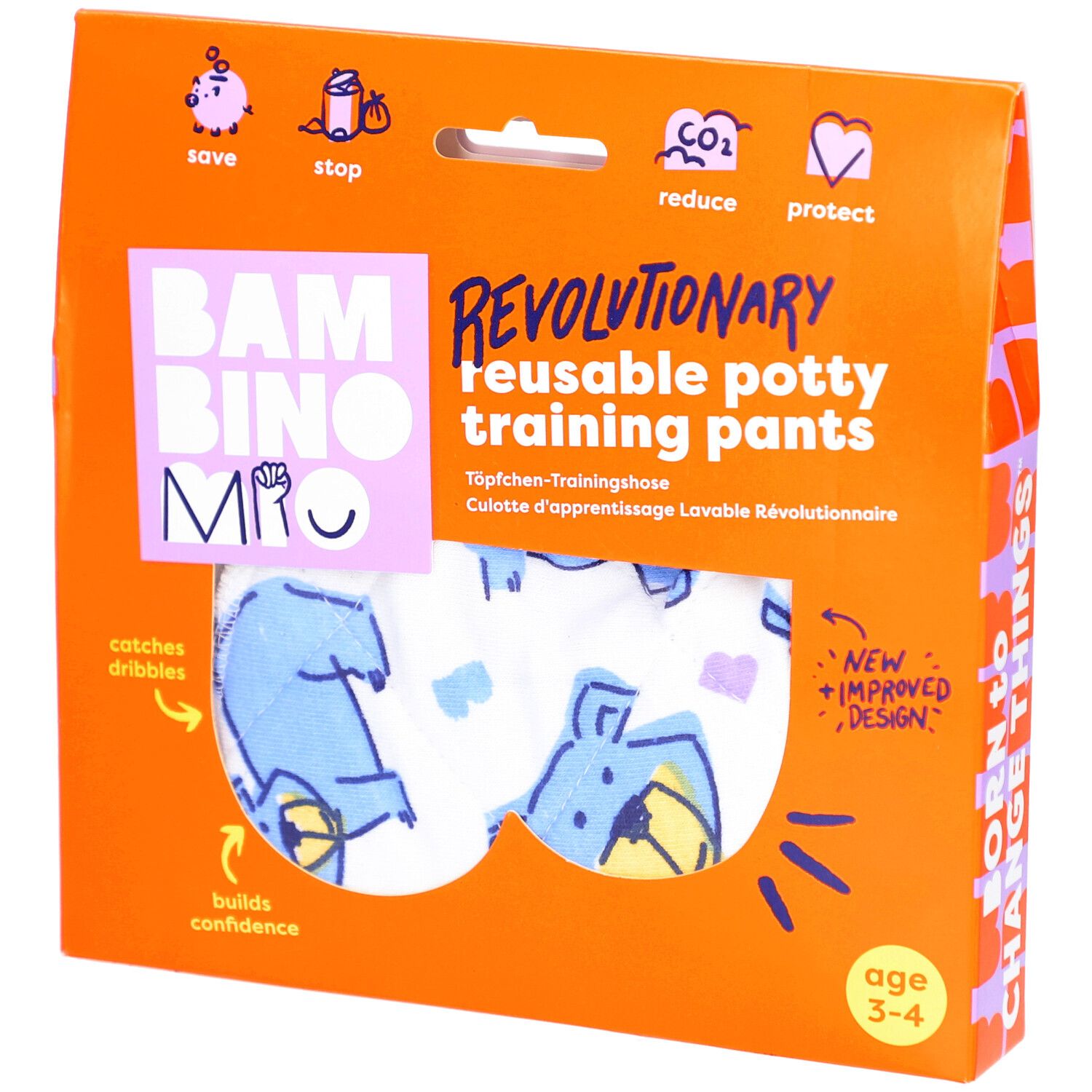 Emballage de culotte d'apprentissage lavable. Marque: Bambino Mio. Âge: 3-4 ans. Design visible de la culotte.