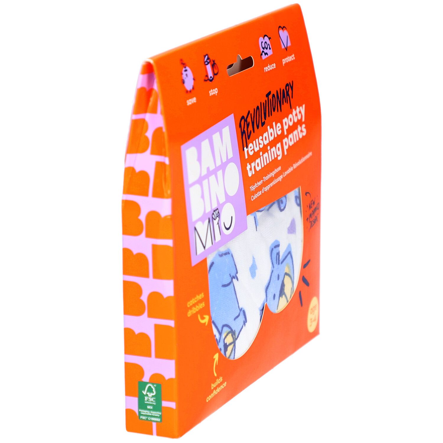 Vue latérale de l'emballage de la culotte d'apprentissage lavable. Marque: Bambino Mio. Certification FSC.