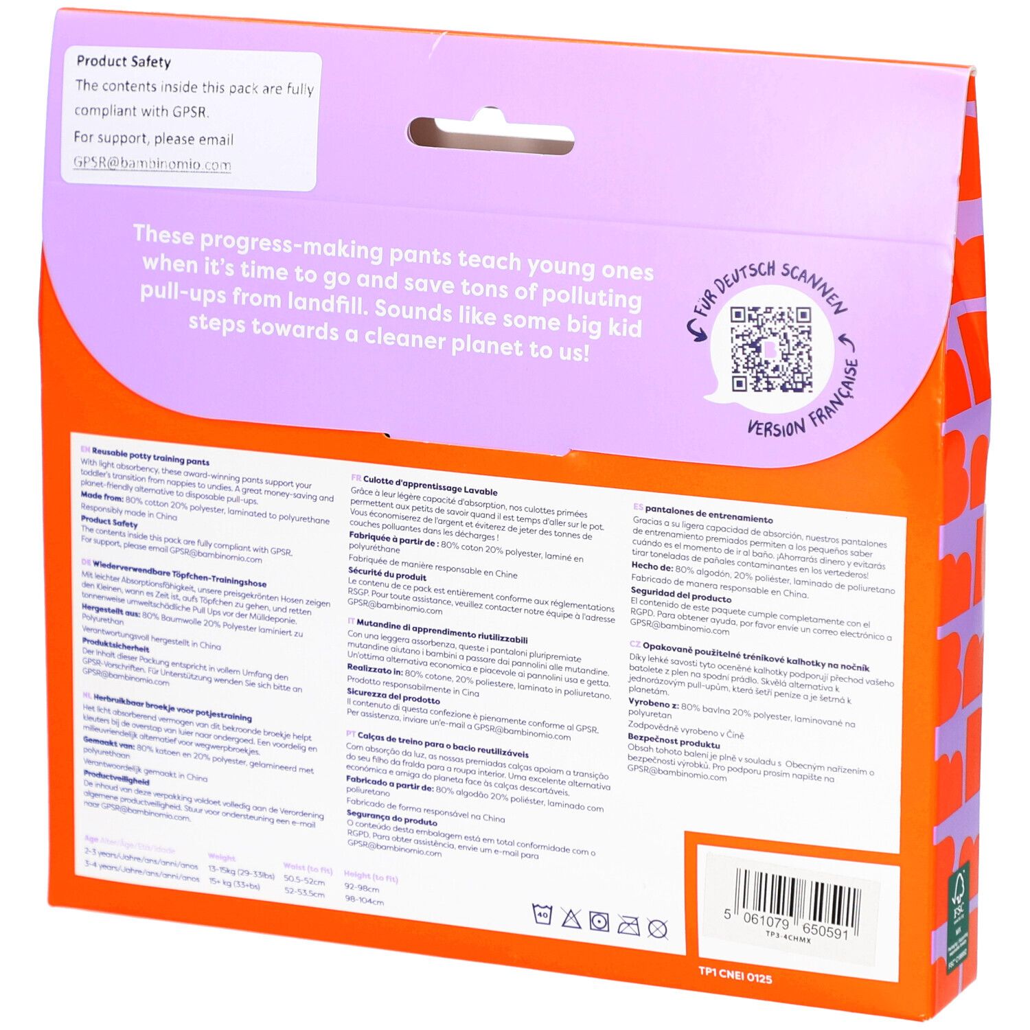 Dos de l'emballage avec informations sur la culotte d'apprentissage lavable. Texte en allemand et français.