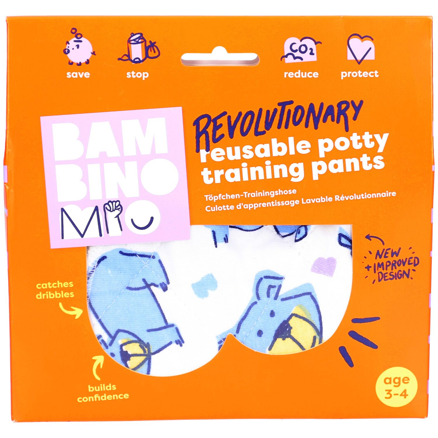 Emballage de culotte d'apprentissage lavable. Marque: Bambino Mio. Âge: 3-4 ans. Design visible de la culotte.