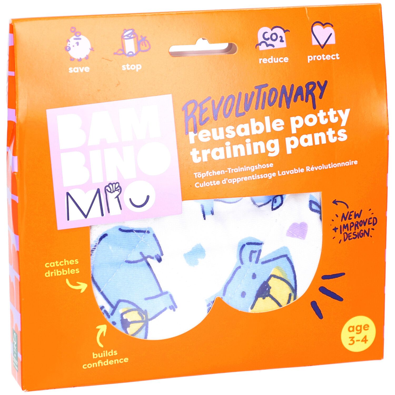 Emballage de culotte d'apprentissage lavable. Marque: Bambino Mio. Âge: 3-4 ans. Design visible de la culotte.