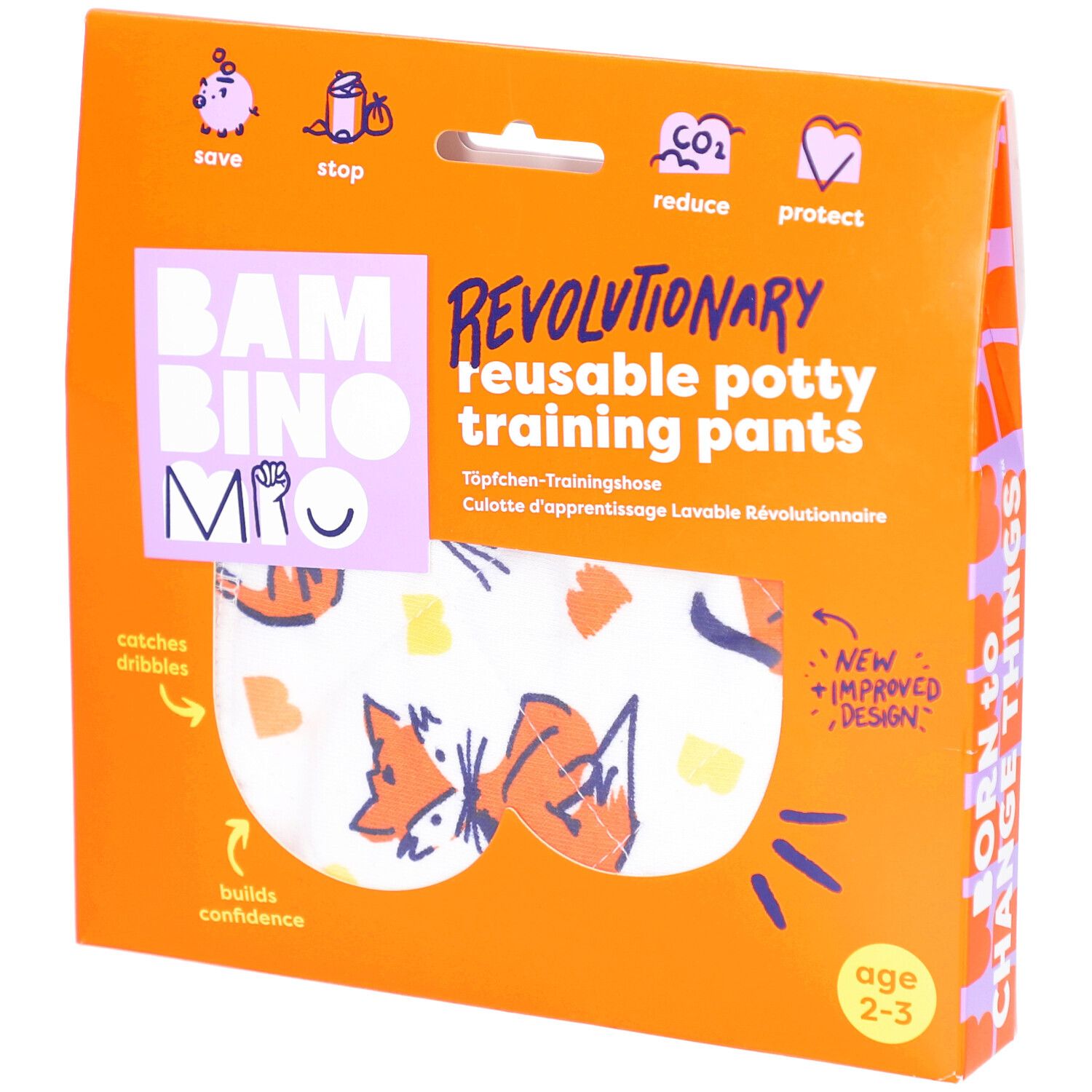 Emballage de culottes d'apprentissage réutilisables. Boîte orange avec image et texte du produit. Âge recommandé : 2-3 ans.