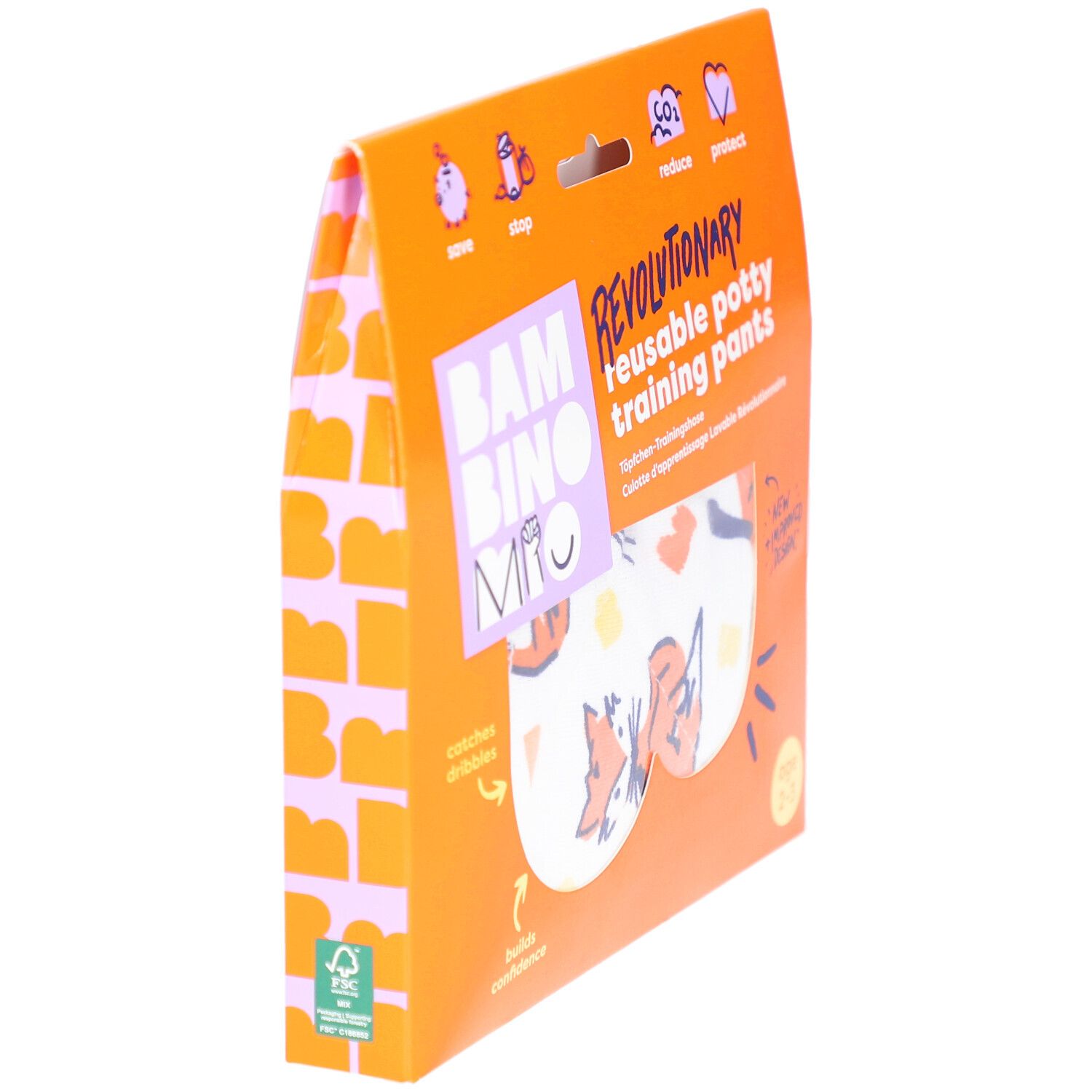 Vue latérale de l'emballage de culottes d'apprentissage réutilisables. Boîte orange avec image et texte du produit.