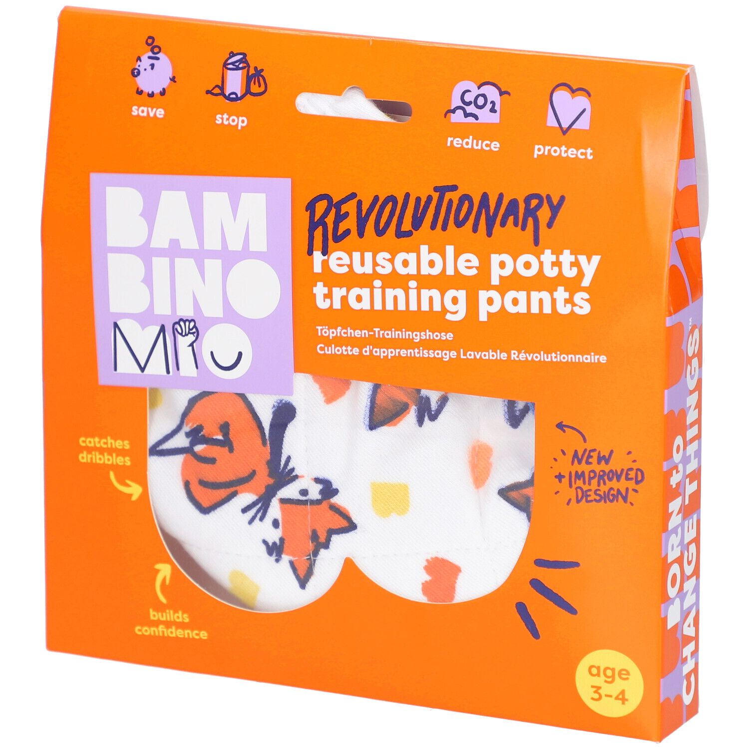 Verpakking met herbruikbare zindelijkheidstrainingbroek. Oranje verpakking met productnaam en leeftijdsindicatie 3-4 jaar.