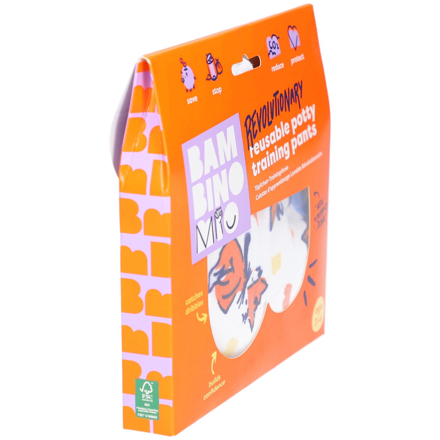 Schuine weergave van de verpakking met herbruikbare zindelijkheidstrainingbroek. Oranje verpakking met productnaam en logo.