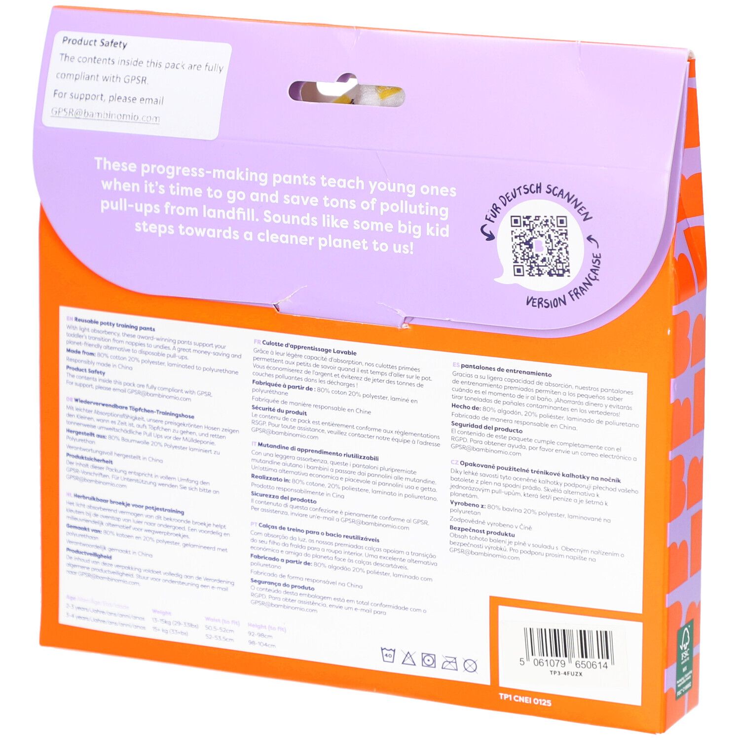 Achterkant van de verpakking met tekst in meerdere talen. QR-code en informatie over productveiligheid.