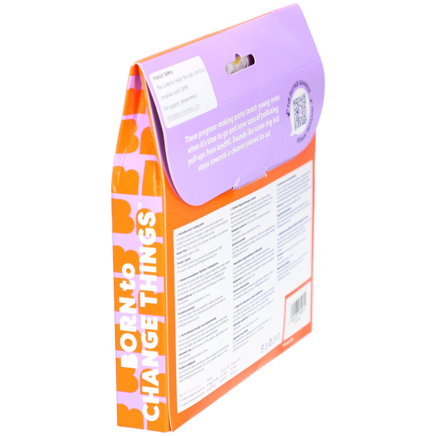 Schuine weergave van de achterkant van de verpakking. Tekst in meerdere talen en productveiligheidsinformatie.