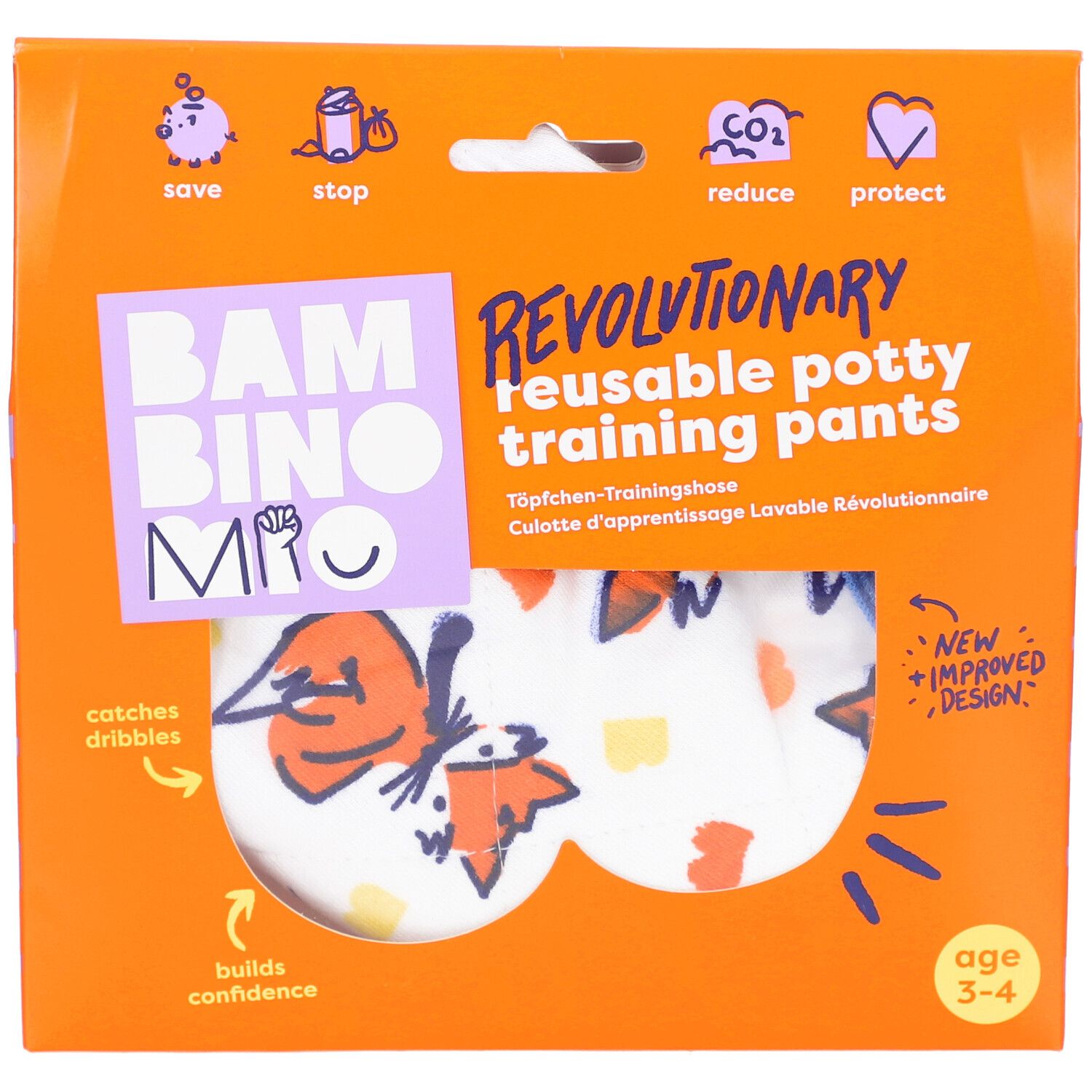 Verpakking met herbruikbare zindelijkheidstrainingbroek. Oranje verpakking met productnaam en leeftijdsindicatie 3-4 jaar.