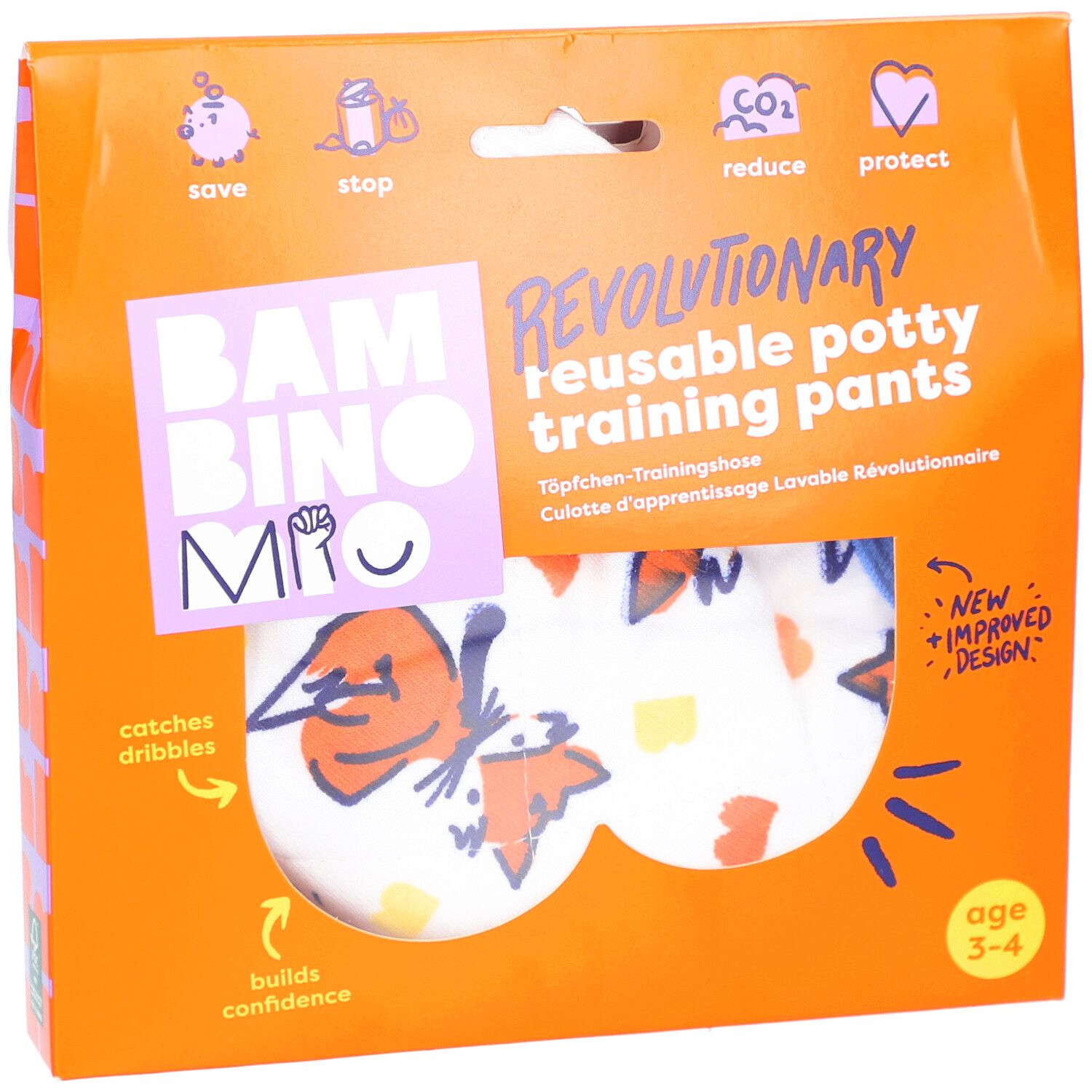 Verpakking met herbruikbare zindelijkheidstrainingbroek. Oranje verpakking met productnaam en leeftijdsindicatie 3-4 jaar.