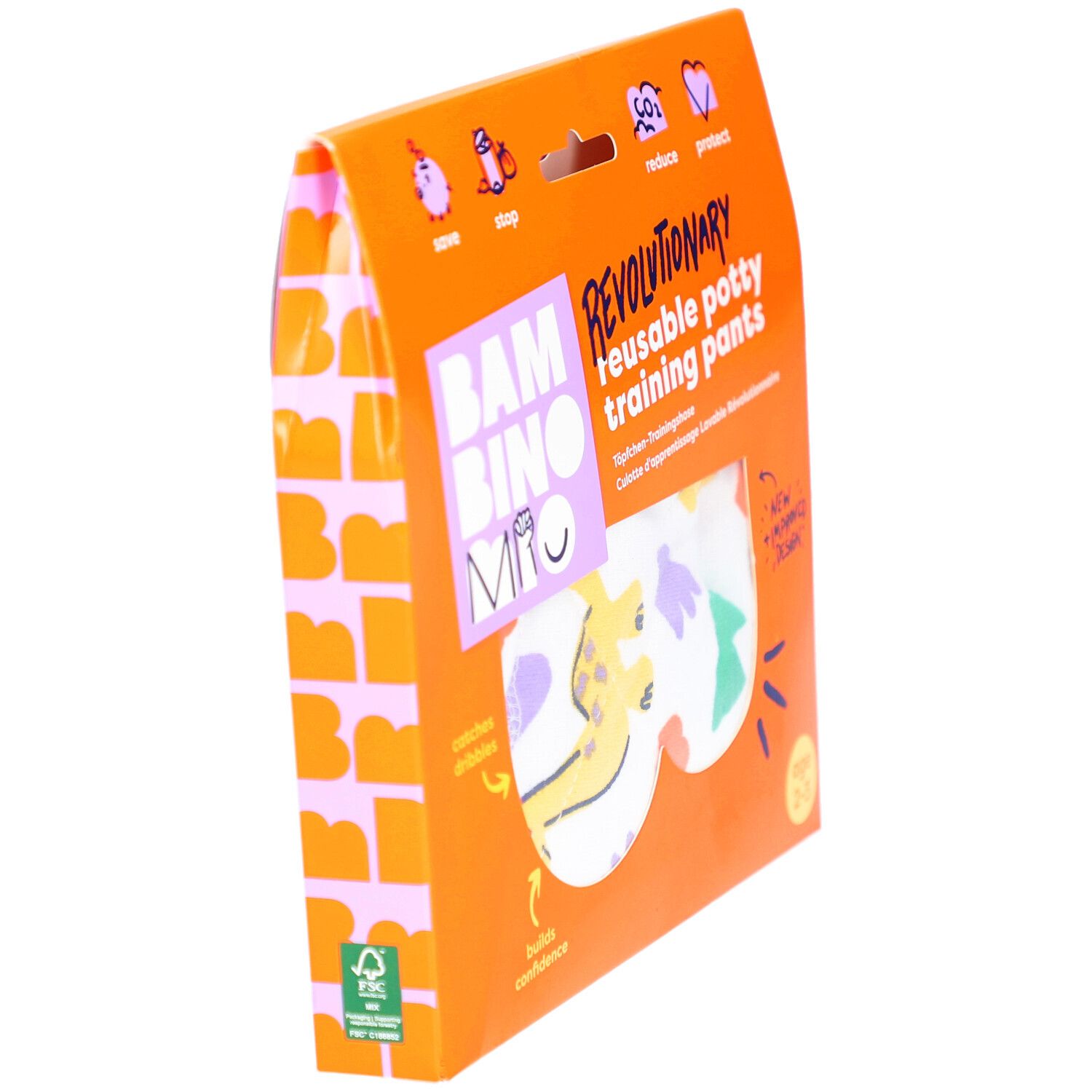 Zijaanzicht van de verpakking met herbruikbare oefenbroek. Oranje, met productnaam en logo.