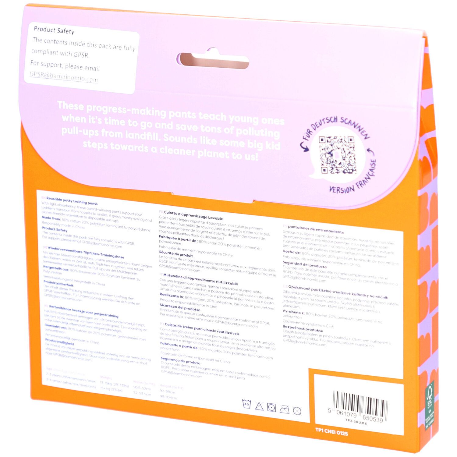 Achterkant van de verpakking met tekst in meerdere talen. Bevat productinformatie en QR-code.