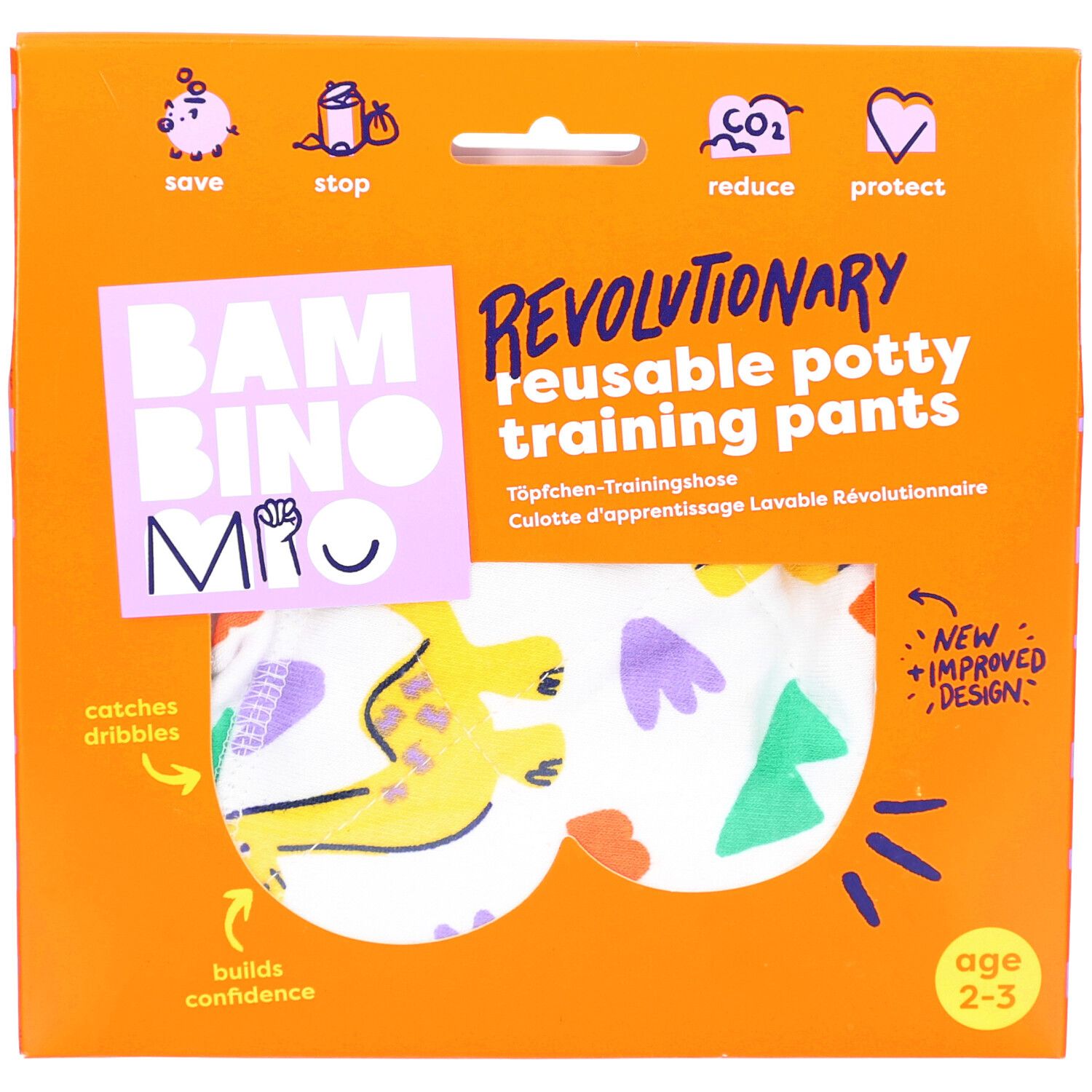 Verpakking met herbruikbare oefenbroek. Oranje, met productnaam en aanbeveling voor de leeftijd van 2-3 jaar.