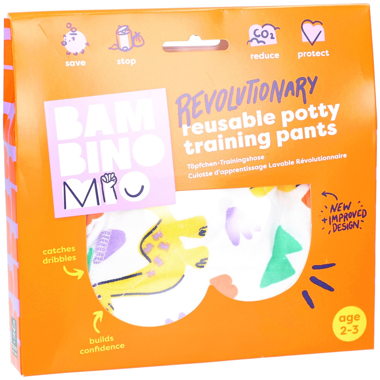 Verpakking met herbruikbare oefenbroek. Oranje, met productnaam en aanbeveling voor de leeftijd van 2-3 jaar.