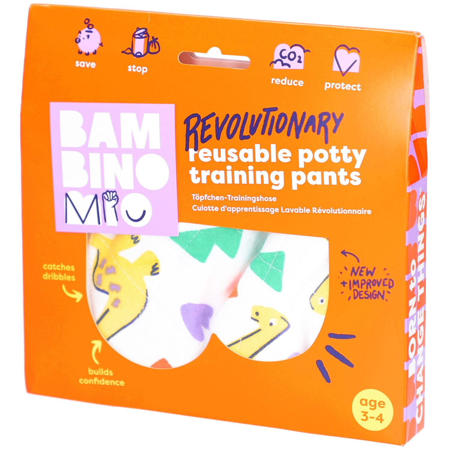 Verpakking met herbruikbare zindelijkheidstrainingbroek. Oranje doos met productafbeelding en tekst. Leeftijd 3-4 jaar.