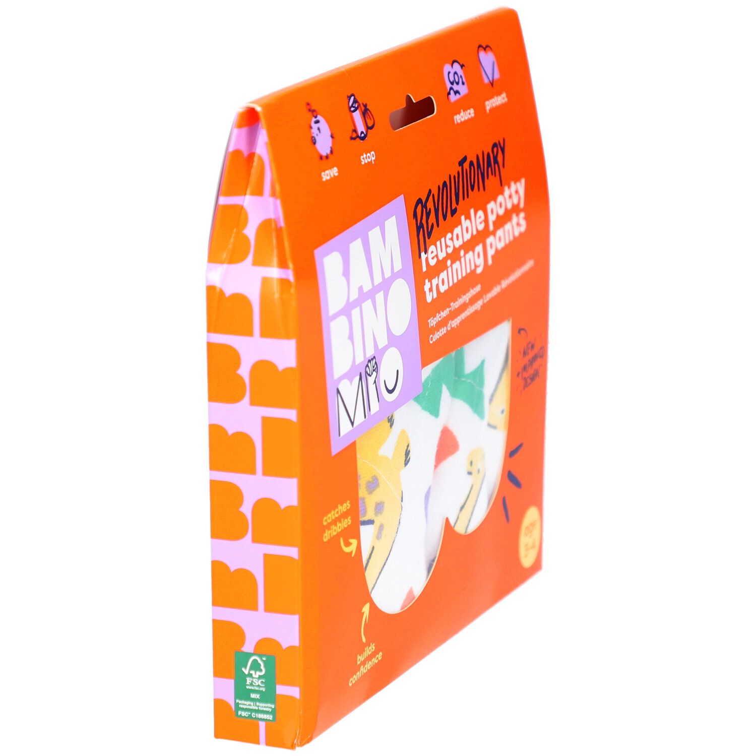 Oranje verpakking met herbruikbare zindelijkheidstrainingbroek. Zijzicht met tekst en FSC-logo. Leeftijd 3-4 jaar.