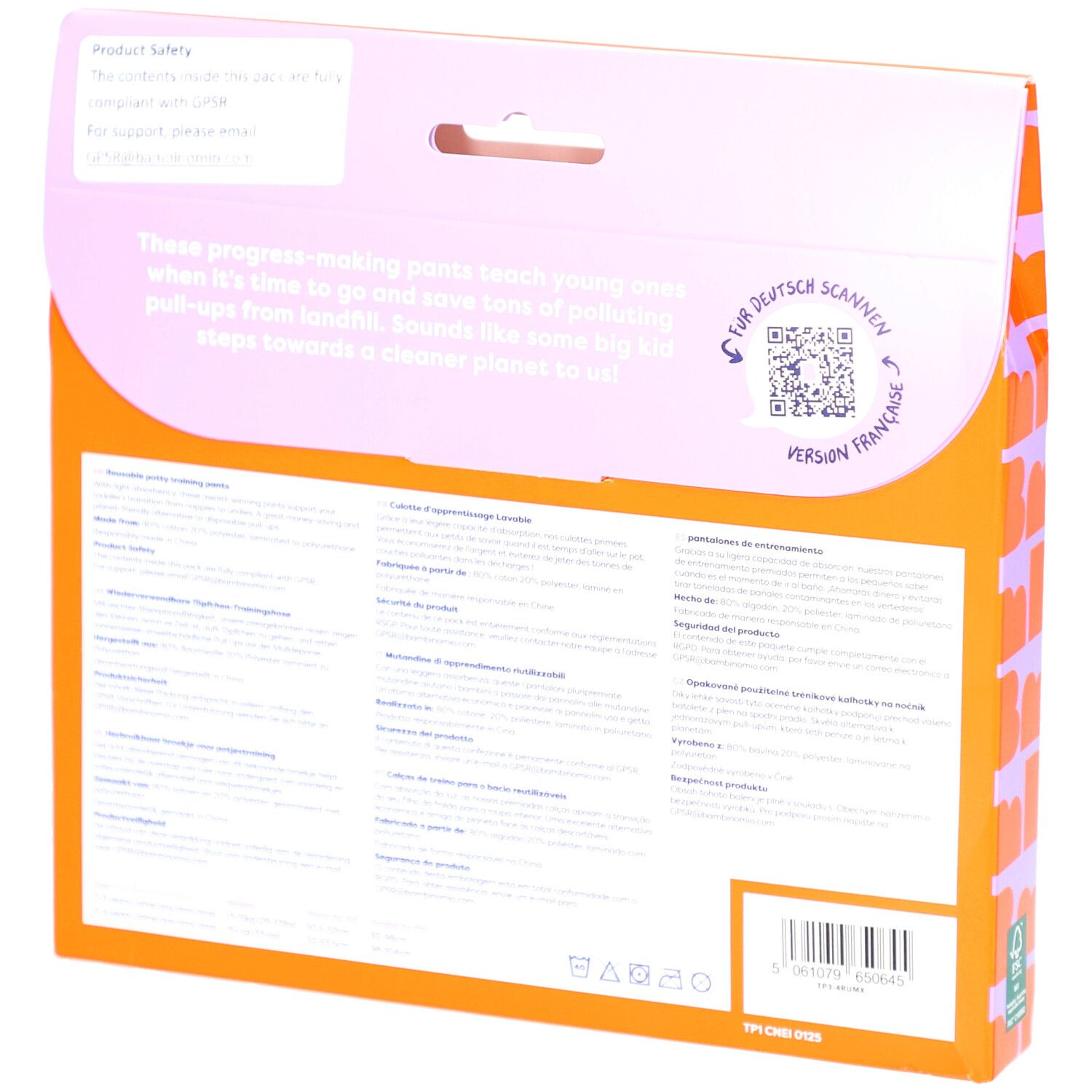 Achterkant van de verpakking met tekst in het Duits en Frans. Bevat informatie over het product en een QR-code.