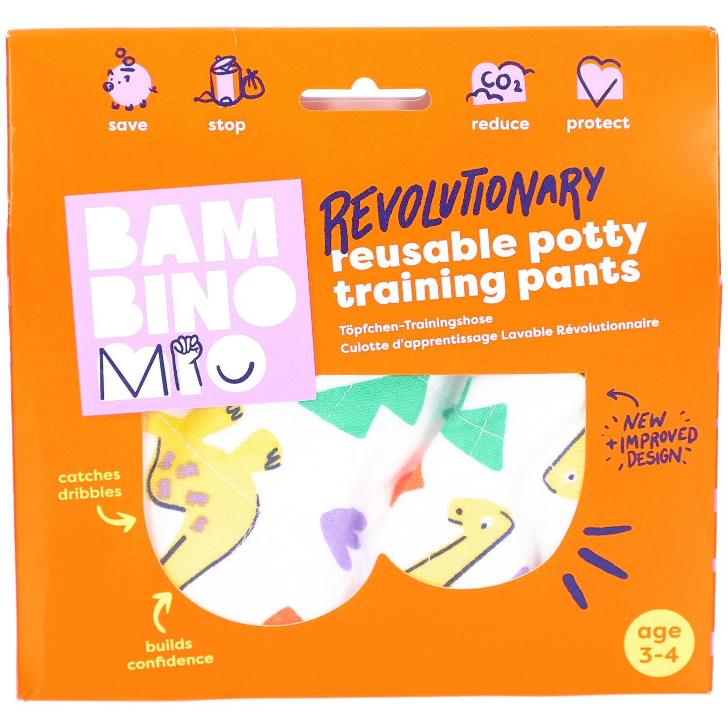Verpakking met herbruikbare zindelijkheidstrainingbroek. Oranje doos met productafbeelding en tekst. Leeftijd 3-4 jaar.
