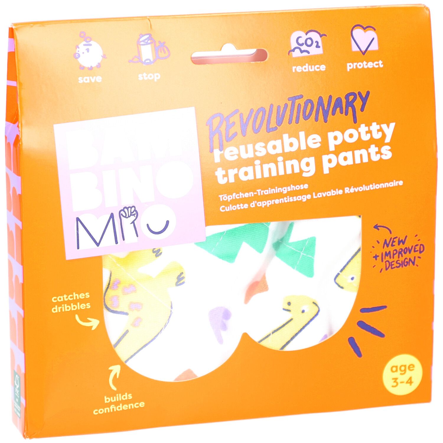 Verpakking met herbruikbare zindelijkheidstrainingbroek. Oranje doos met productafbeelding en tekst. Leeftijd 3-4 jaar.