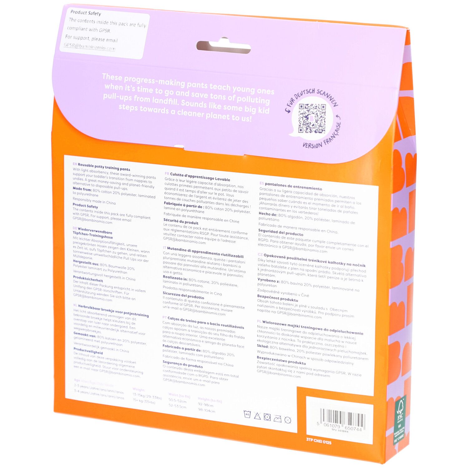 Dos de l'emballage avec informations produit multilingues. Code QR et certification FSC également visibles.