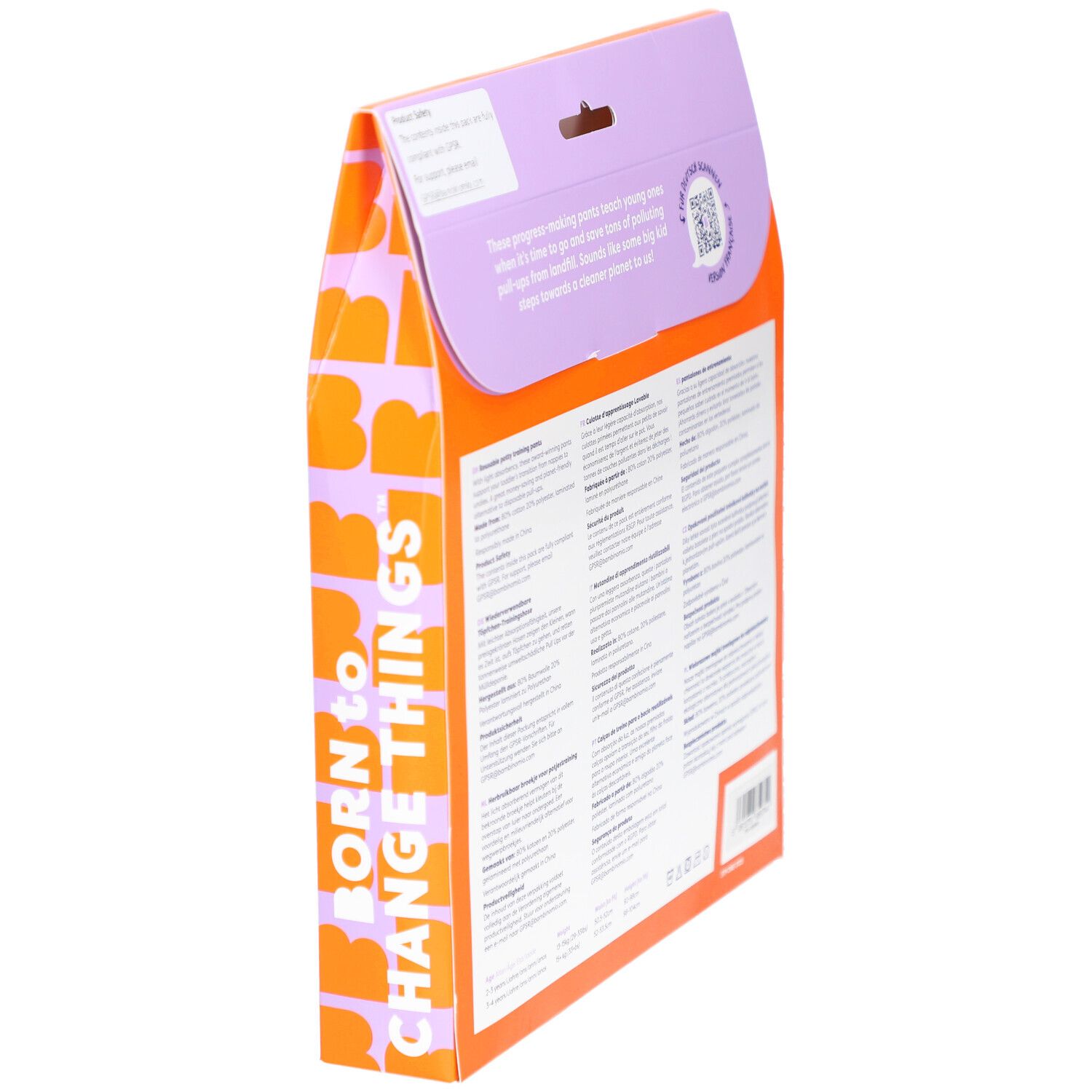 Dos de l'emballage avec informations produit. Texte multilingue. Certification FSC et code QR.