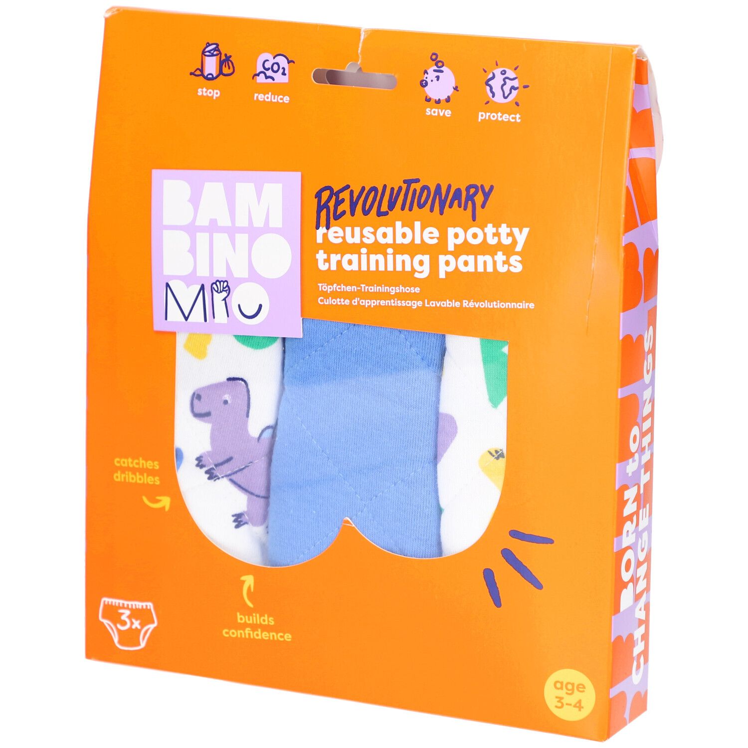 Oranje verpakking met herbruikbare oefenbroekjes. Dinosauruspatroon en productinfo. Leeftijd 3-4 jaar.