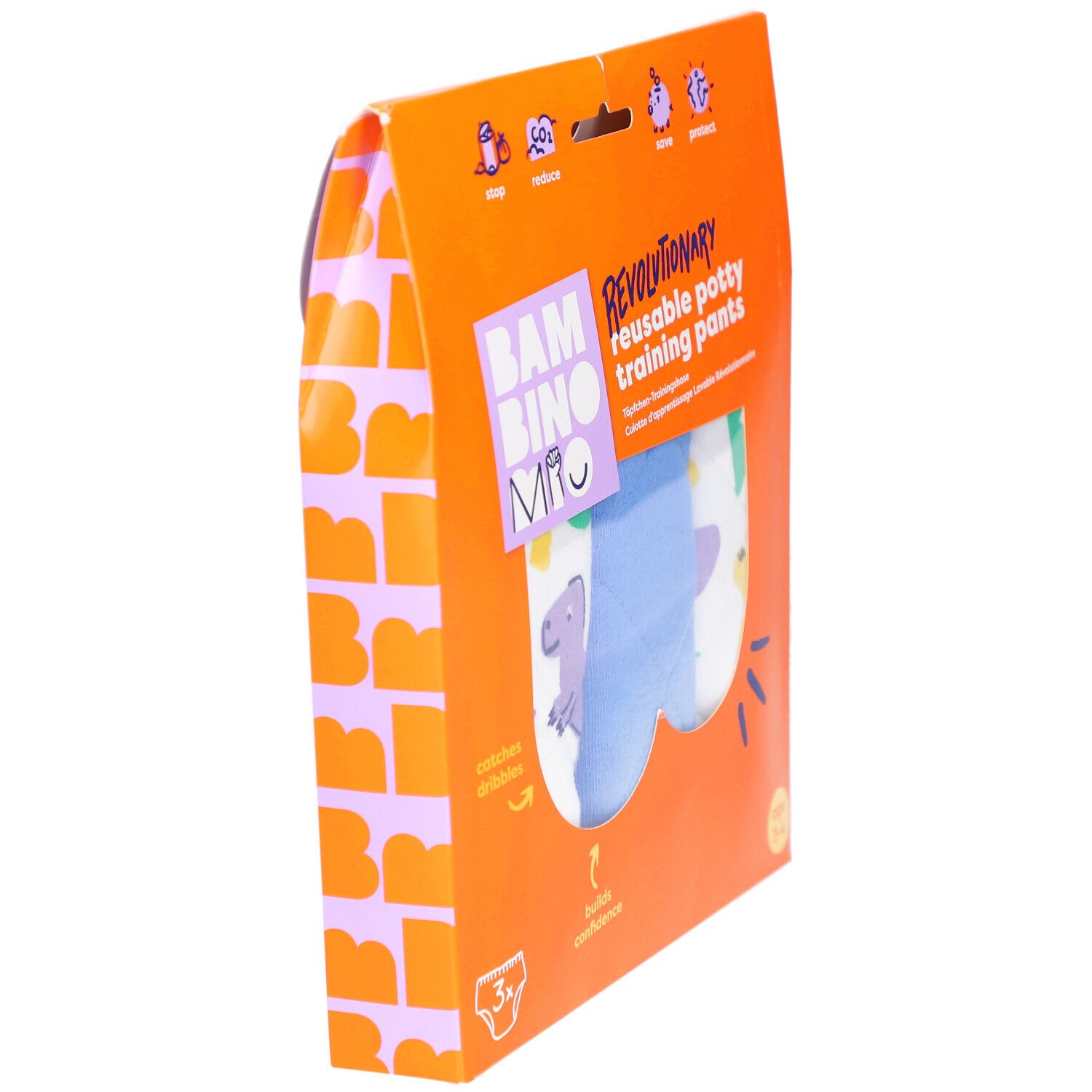Oranje verpakking met herbruikbare oefenbroekjes. Zijaanzicht met logo en dinosauruspatroon.