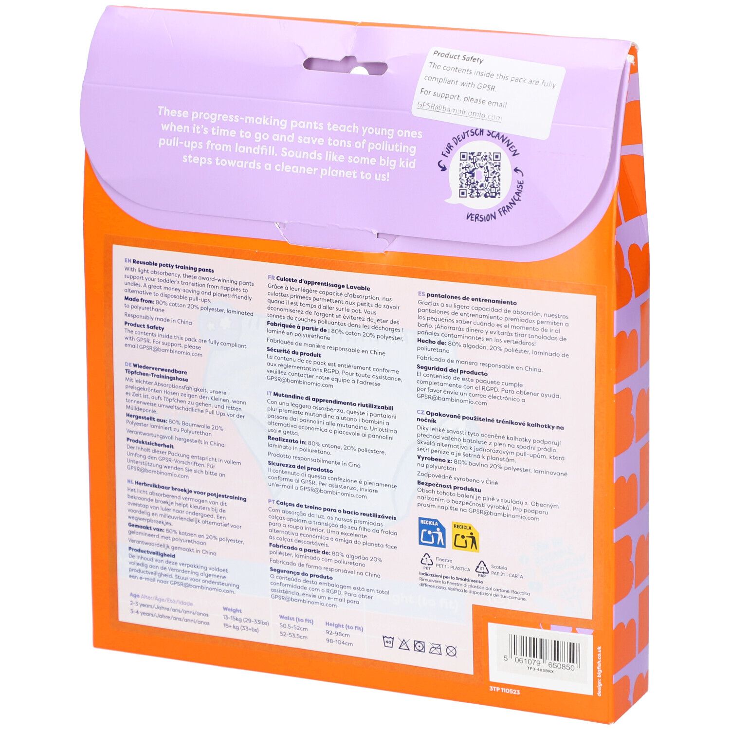 Achterkant van de verpakking met productinformatie en meertalige tekst. Bevat QR-code en recyclingsymbolen.