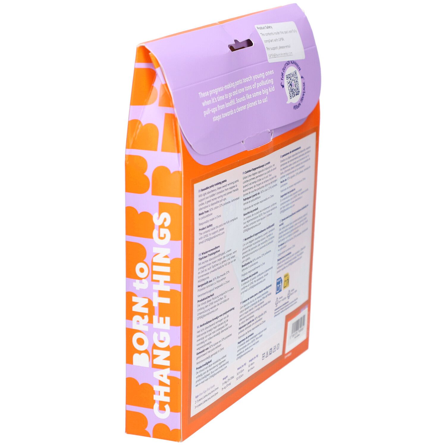 Achteraanzicht van de verpakking met productinformatie en tekst. Oranje met paarse accenten en logo.