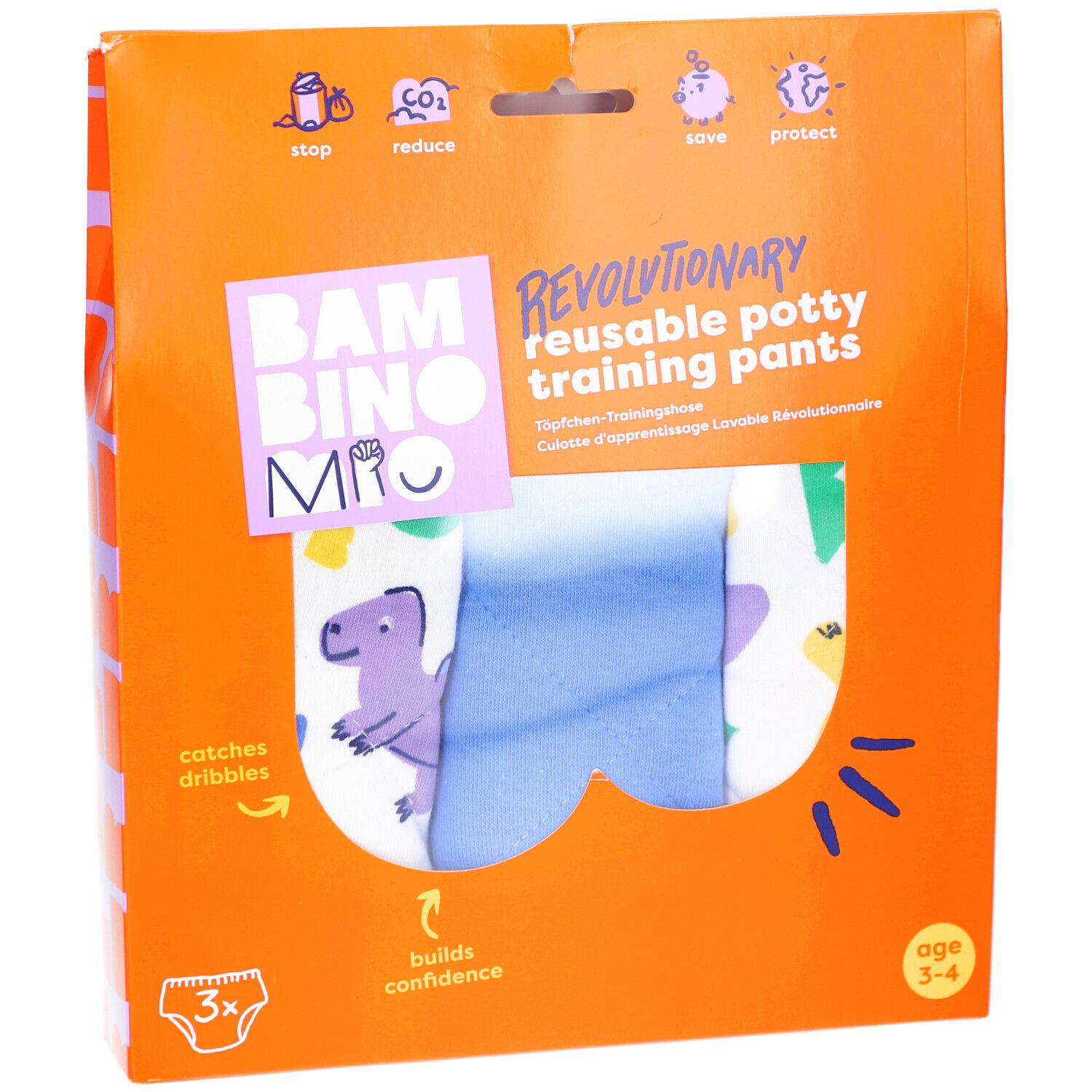 Oranje verpakking met herbruikbare oefenbroekjes. Dinosauruspatroon en productinfo. Leeftijd 3-4 jaar.