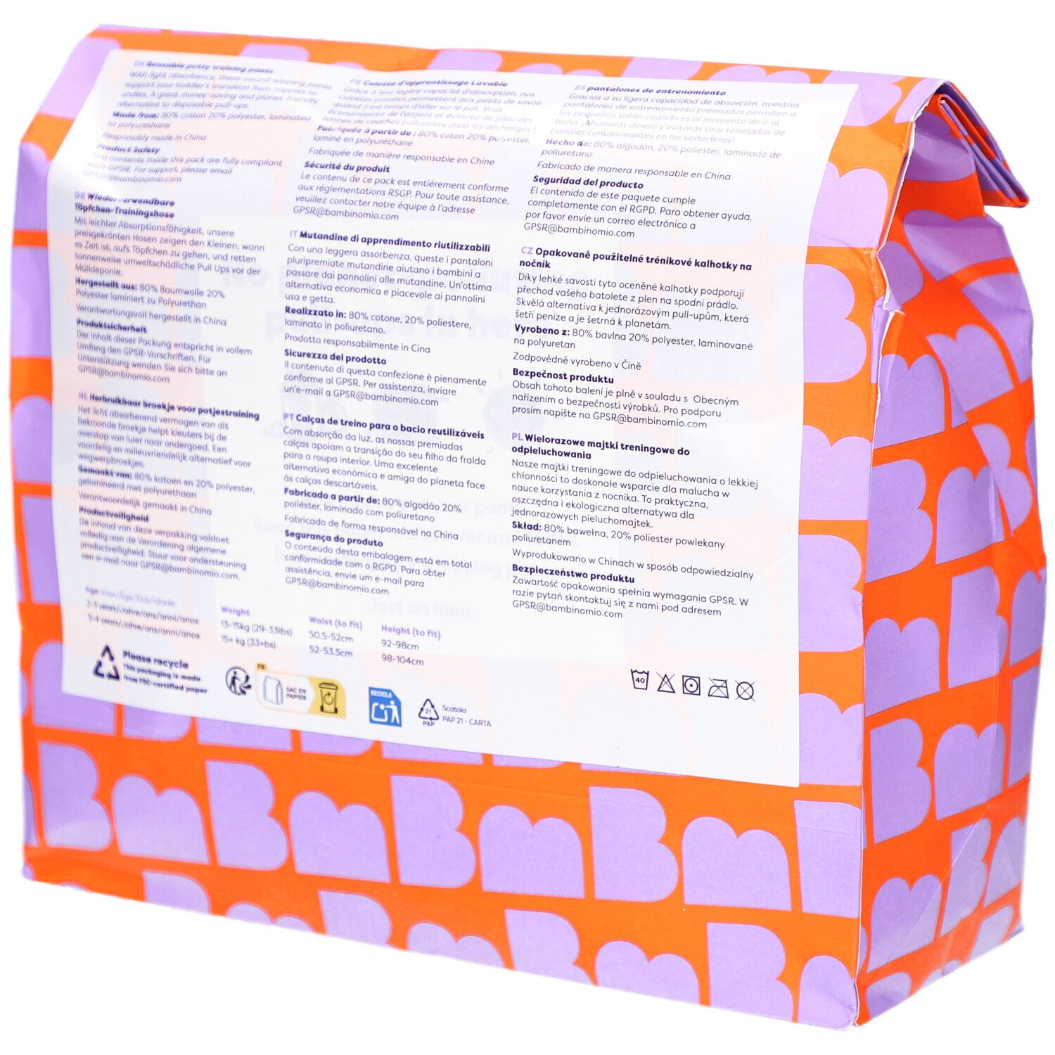 Achterkant van de verpakking met oranje patroon en paarse letters. Meertalige tekst.