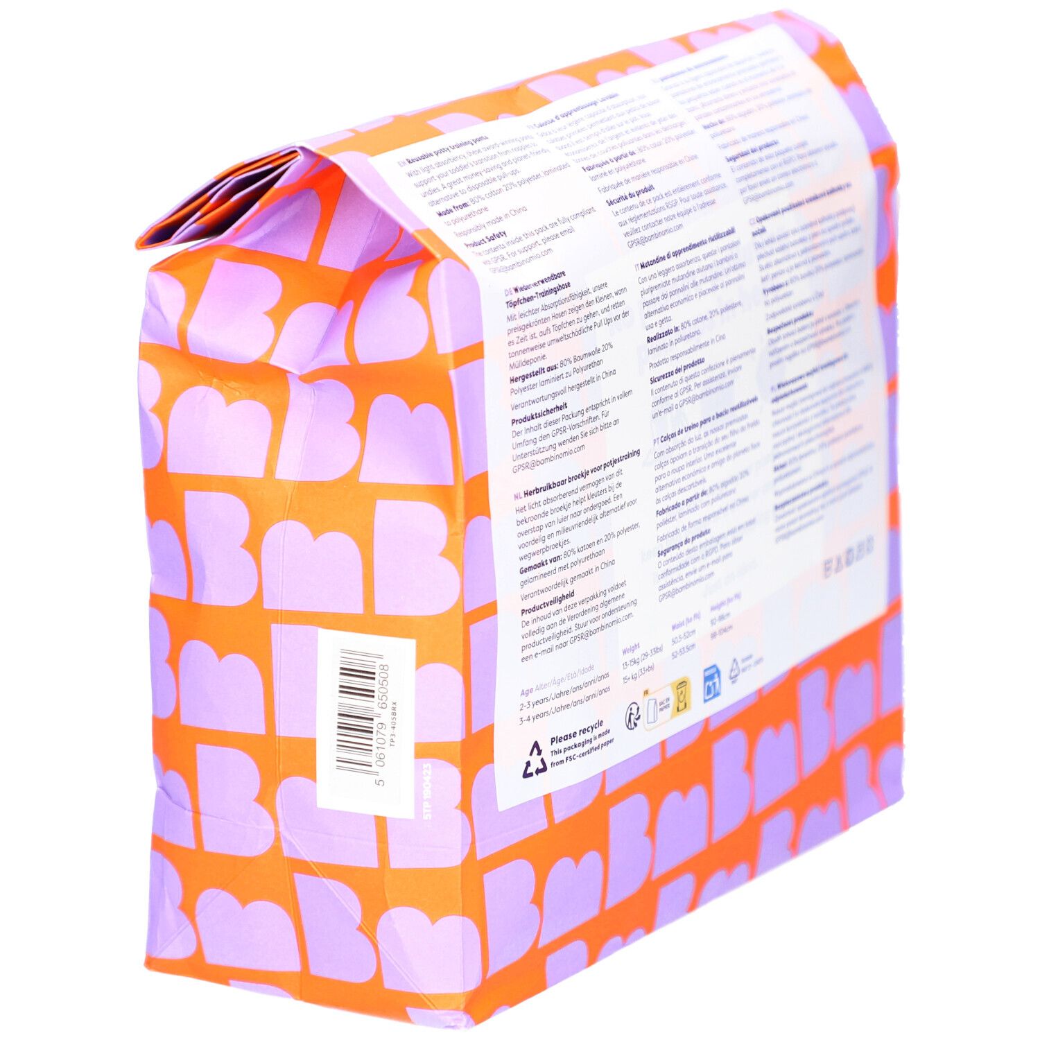 Achterkant van de verpakking met oranje patroon en paarse letters. Meertalige tekst. Streepjescode.