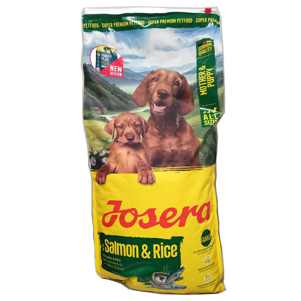 Sac de nourriture pour chien Josera Salmon & Rice avec images de chiens et paysage de montagne.