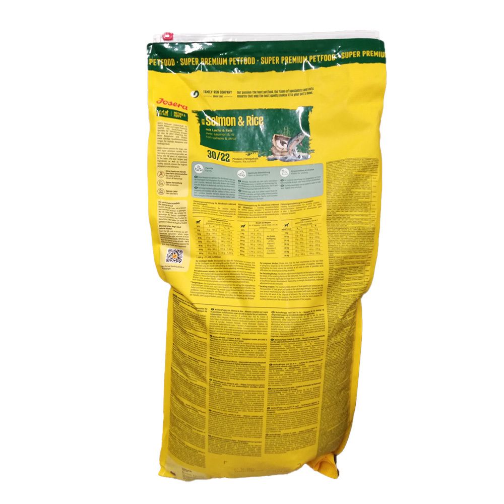 Sac de nourriture Josera Saumon & Riz pour chats, arrière avec informations nutritionnelles.